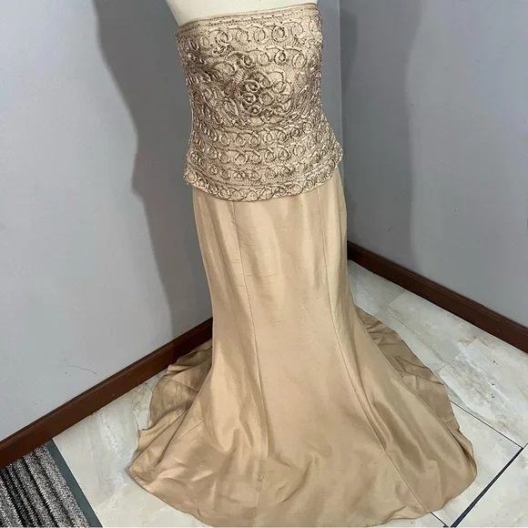 Jovani Beaded Evening Gown Beige Neutral MOB Floor Length Dress Ornate Occasion - Picture 3 of 12